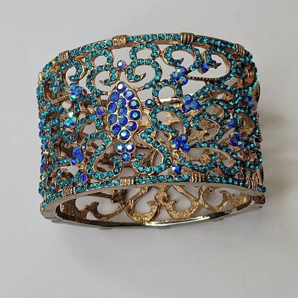 Large Blue Crystal Rhinestone Hinged Bracelet - Picture 2 of 8